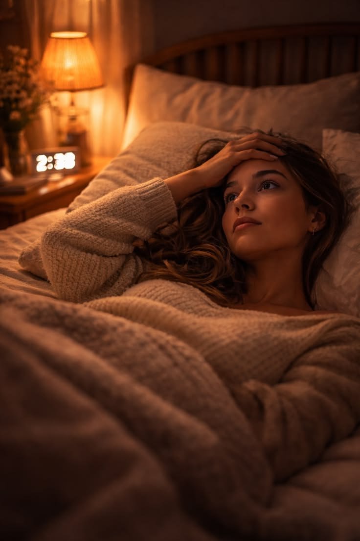 Vrouw ligt 's nachts wakker in bed